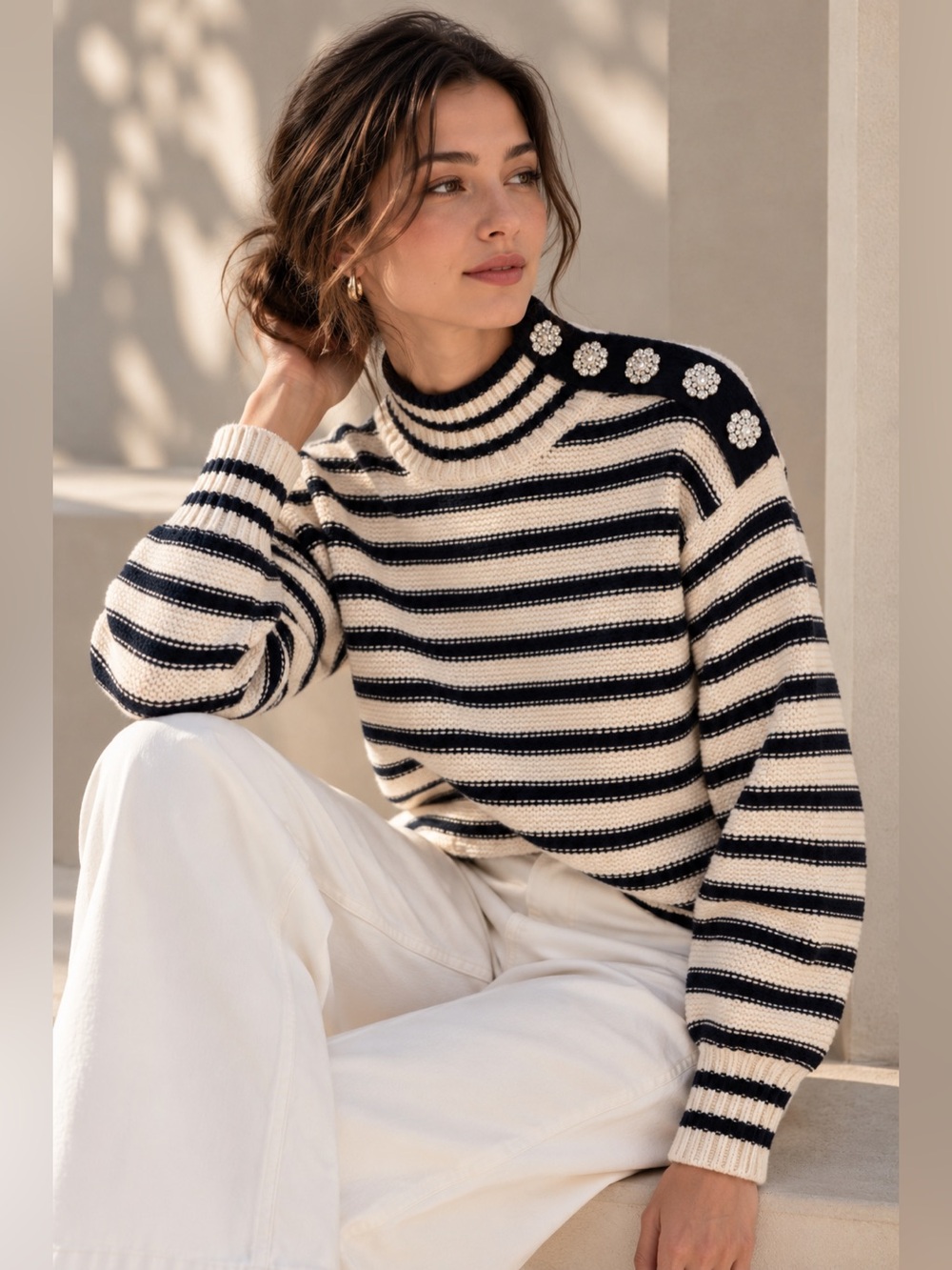 NEW J.Crew Women’s Cable-Knit Mockneck Pullover in Stripe with Jewel Size XXS